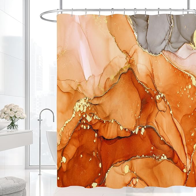 Long Shower Curtain 72 x 78 Inch, Tall Abstract Marble Shower Curtains for Bathroom Decor, Modern Luxury Art Decor Ink Texture Fabric Shower Curtain Set with Hooks, Orange