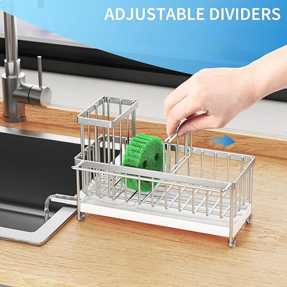 Cisily Stainless Steel Sponge Holder for Kitchen Sink with Towel Rack, Sink Caddy with Kitchen High Brush Holder, Organzier Rustproof 304 Stainless Steel Dish Organizer Divider, Soap Dispenser Storage