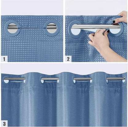 MitoVilla No Hooks Needed Blue Waffle Shower Curtain Liner Set, Modern Waffle Weave Heavy Duty Fabric Cloth Shower Curtain with Snap-in Liner for Luxury Neutral Hotel Spa Bathroom Decor