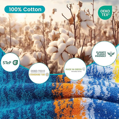 SEMAXE Bath Towel Set of 8 Include 2 Bath Towels, 2 Hand Towels, 4 Washcloths, 100% Cotton Bathroom Towels with Hanging Loops and Nano-Bio Lifecycle Labels,Colorful Towel - The Starry Night Collection
