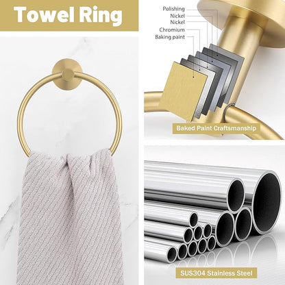 Bathroom Towel Holder Set, 6 Pieces Brushed Gold Towel Bar Bathroom Hardware Accessories Set, SUS304 Stainless Steel Towel Rack Towel Ring Toilet Paper Holder Set Wall Mounted