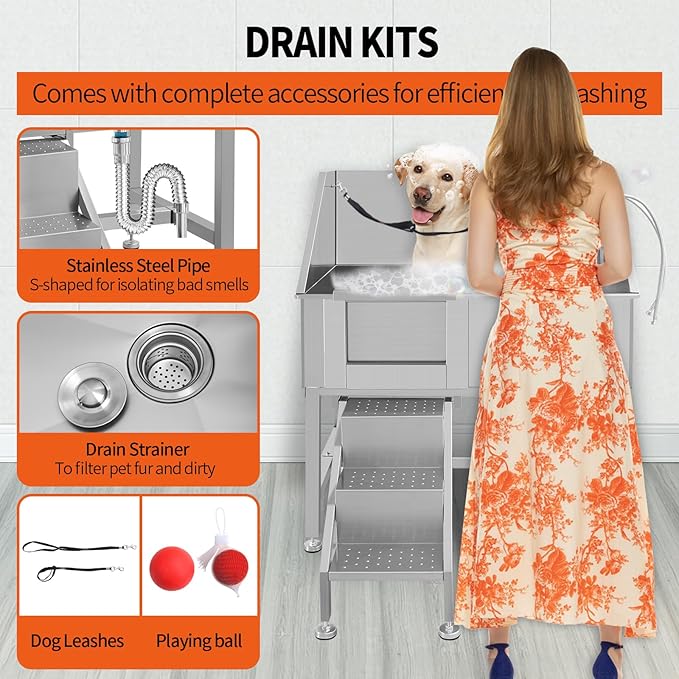 38" Stainless Steel Dog Cat Pet Grooming Bath Tub (w/Faucet, Sprayer, Shampoo Rack),Left Door