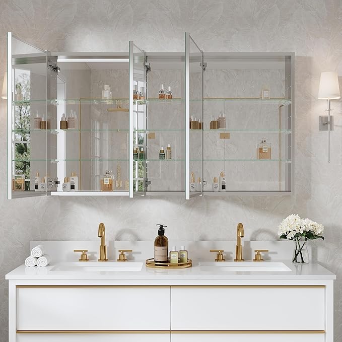 WELLFOR 52" x 30" Rectangle Medicine Cabinet Mirror, Surface Mount or Recessed Medicine Cabinet with Tempered Mirror, Anodized Chrome Aluminum Frame, Bathroom Mirror with Storage