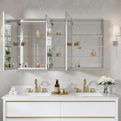 WELLFOR 52" x 30" Rectangle Medicine Cabinet Mirror, Surface Mount or Recessed Medicine Cabinet with Tempered Mirror, Anodized Chrome Aluminum Frame, Bathroom Mirror with Storage