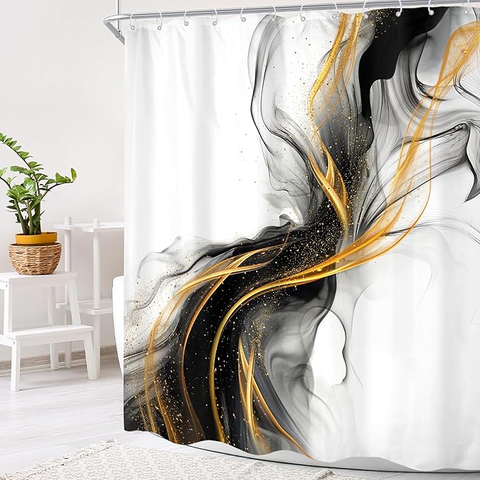 Cinbloo Black and Gold 60Wx72H Shower Curtain Abstract Modern Ombre Grey Golden Marble Minimalist Ink Texture Bathroom Curtain Set Elegant Chic Luxury Men Neutral Bath Bathroom Accessories Decor