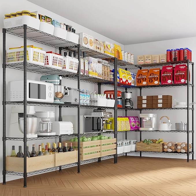 5 Tier Storage Racks Shelving, Heavy Steel Pantry Shelves, Adjustable Wire Shelving Rack, Suitable for Garage, Kitchens, Offices, 58" W x 13.8" D x 71" H, Black