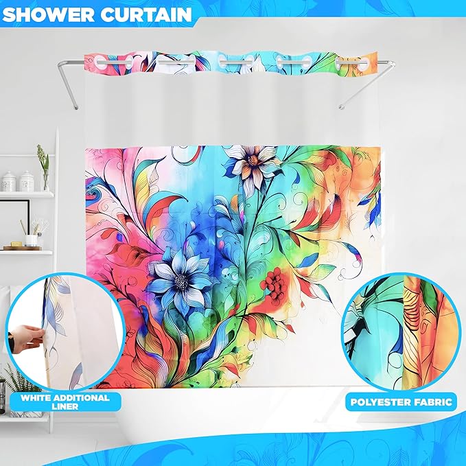 Hookless Boho Floral Shower Curtain with Snap-in Liner Set, Vibrant Watercolor Fabric, See Through Sheer Window, Washable, 3 Magnet Weights, No Hook, Waterproof, Farmhouse - Standard Size
