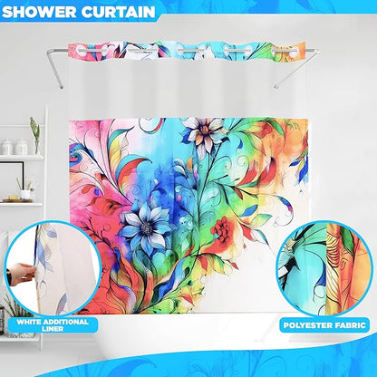 Hookless Boho Floral Shower Curtain with Snap-in Liner Set, Vibrant Watercolor Fabric, See Through Sheer Window, Washable, 3 Magnet Weights, No Hook, Waterproof, Farmhouse - Standard Size