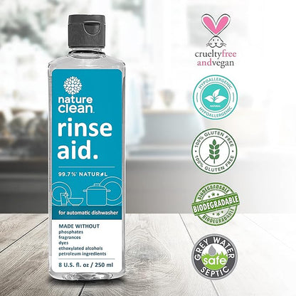 Nature Clean All Natural Dishwasher Rinse Aid Cleaner, Liquid Dishwasher Rinse Agent for Spot-Free Glass & Cutlery in Hard Water, Non Toxic Dish Washer Rinse Aid & Stain Remover, 8 oz/250ml, Pack of 1