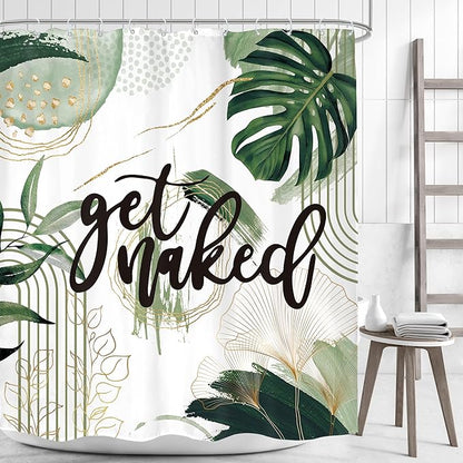 Green Boho Shower Curtain 60Wx72H Bohemian Sage Green Golden Leaves Get Naked Abstract Mid Century Modern Plant Botanical Bathroom Decor Minimalist Bath Curtain Fabric Polyester 12 Pack Hooks