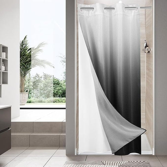 MitoVilla Black Ombre Waffle Small Stall Shower Curtain Liner Set 36 x 74, No Hooks Required Half Size Narrow Fabric Cloth Shower Curtain Set with Snap-in Liner for Modern Bathroom Decor