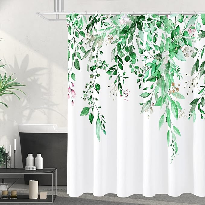 Gibelle Emerald Green Eucalyptus Shower Curtain, Watercolor Plant Leaves with Floral Bathroom Shower Curtain Set, 72x72