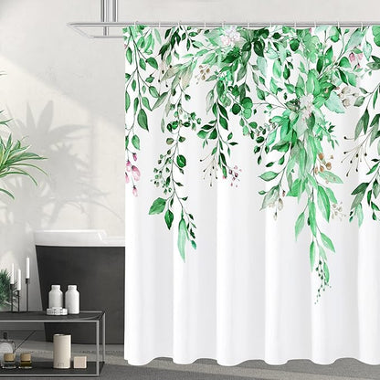 Gibelle Emerald Green Eucalyptus Shower Curtain, Watercolor Plant Leaves with Floral Bathroom Shower Curtain Set, 72x72