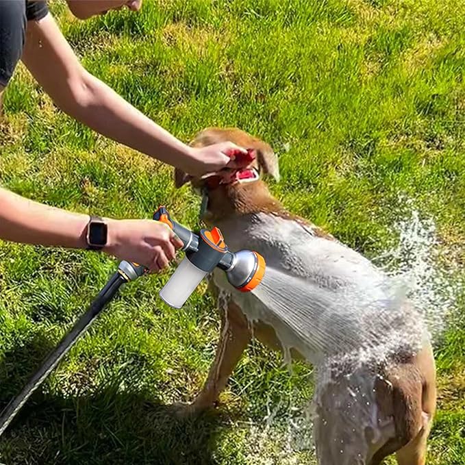 Dog Washing Hose Attachment, 8-in-1 Sprayer Hose Nozzle with Soap Dispenser for Dog Showering, Watering Flowers, Car Washing (With Brush and Lint Remover)