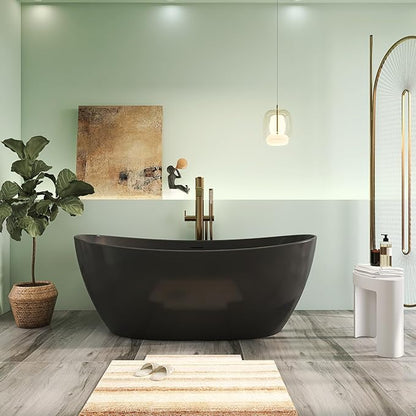 65" Premium Solid Surface Freestanding Bathtub, Upgraded Modern Design Stand Alone Tub with Overflow and Pop-up Drain, Matte Black
