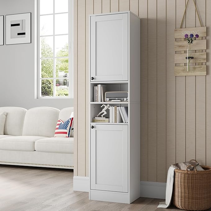 67" Tall Bathroom Cabinet with 2 Doors, Narrow Freestanding Floor Cabinet, Slim Storage Unit with Adjustable Shelves for Bathroom, Living Room, Entryway, Kitchen, White