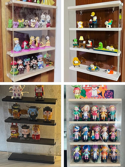 Choowin 3 Layer Wall Shelf Clear Acrylic Display Case for Collectibles, Mini Figures, Pop Mart, Labubu, Sonny Angel, Smiski - Assemble Dustproof Acrylic Display Box with Sliding Door (Wood)