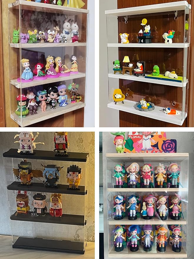 Choowin 3 Layer Wall Shelf Clear Acrylic Display Case for Collectibles, Mini Figures, Pop Mart, Labubu, Sonny Angel, Smiski - Assemble Dustproof Acrylic Display Box with Sliding Door (Black)