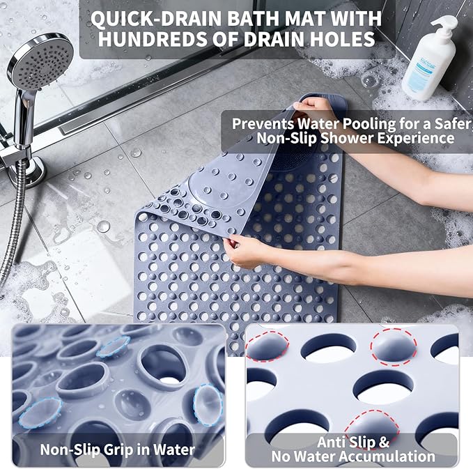 Bath Tub Shower Mat with Soft Shower Foot Scrubber Mat for Massage,Non Slip Bathtub Mat with Strong Suction Cups, Silicone Shower Foot Scrubber Mat (Dusty Blue, 31.5" X 19.7"(Rectangular))