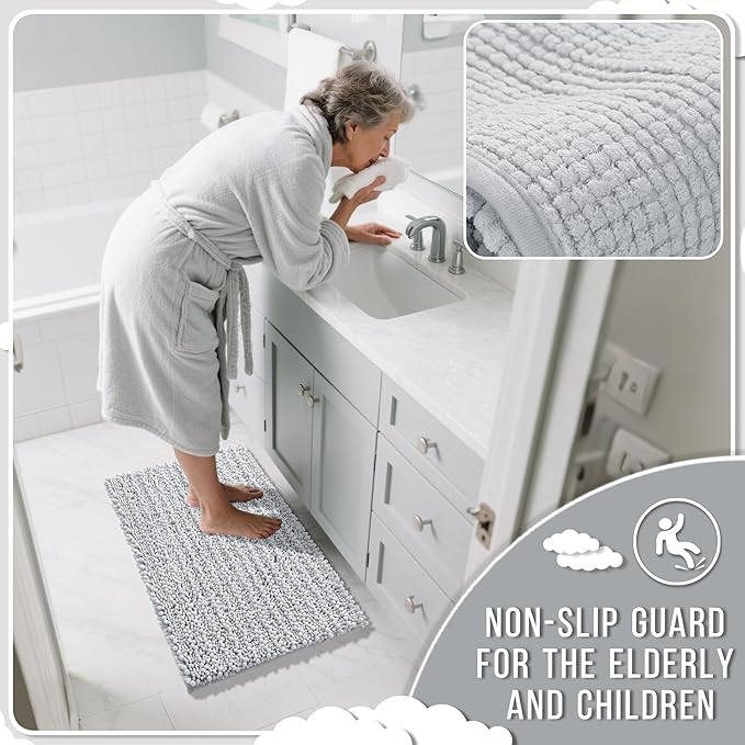 Yimobra Bathroom Rugs Non Slip Washable - Ultra Soft Absorbent Chenille Bath Mat, Quick Dry Shaggy Floor Carpet for Tub Shower, Silver Home Decor Accessories, 24x17 Inch
