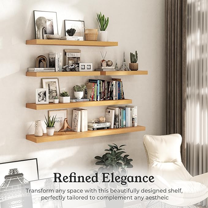 Floating Shelves for Wall, 9.3" Deep Wall Mounted Wood Shelves for Bathroom, Bedroom, Living Room, Kitchen, Hanging Shelf for Books/Storage/Room Decor (Oak, 24")