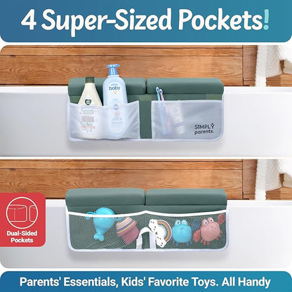 Baby Bath Kneeler and Elbow Rest Pad Set - Quick-Dry, Non-Slip Kneeling Pad for Bathing Toddler, Toy Organizer Pockets, Gift Box, Accessories for Tub, Green