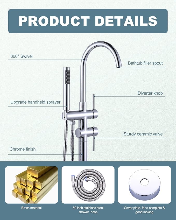 Freestanding Tub Filler Faucet Chrome: High Flow Brass Floor Mount Bathtub Filler, Swivel Gooseneck Spout with Single Handheld Sprayer for Bathroom Shower