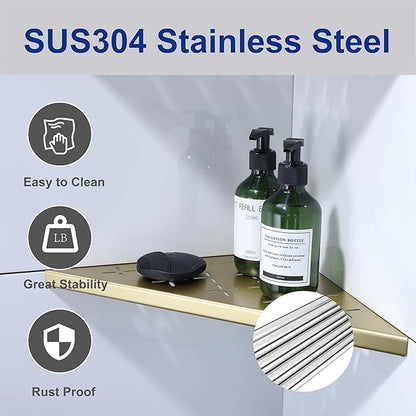 12" Corner Shower Shelf, 2-Pack Shower Shelves SUS304 Stainless Steel Bathroom Shelves for Tile Walls, Recessed Corner Shelf Organizer Rack, No Drilling (Brushed Gold)