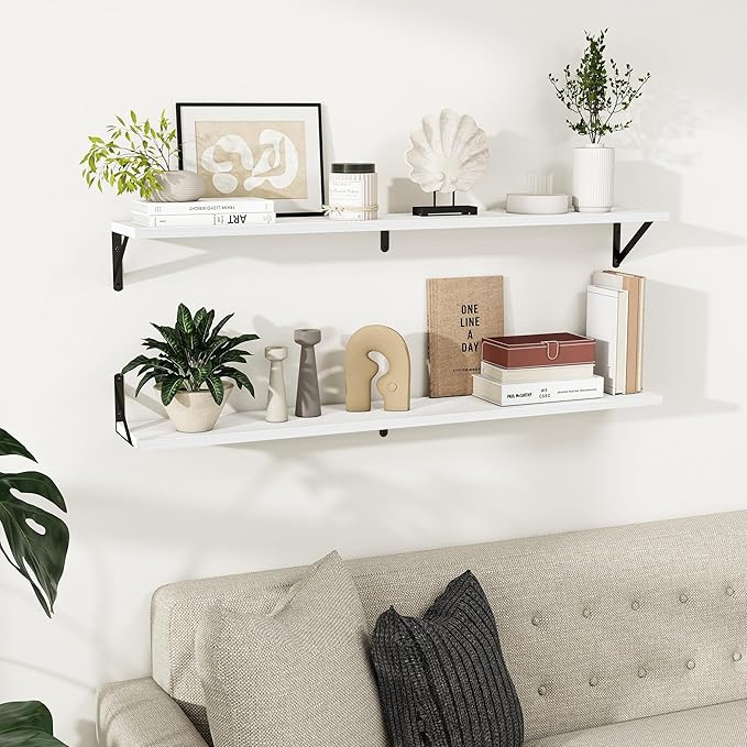 Dreamland Deep Floating Shelves for Wall, 48W x 8D Wall Mounted Shelves Set of 2, Wide Display Ledge Shelf with Sturdy Metal Brackets for Living Room, Bathroom, Bedroom and Kitchen, White