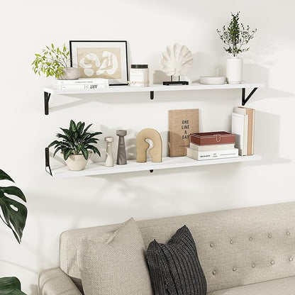Dreamland Deep Floating Shelves for Wall, 48W x 8D Wall Mounted Shelves Set of 2, Wide Display Ledge Shelf with Sturdy Metal Brackets for Living Room, Bathroom, Bedroom and Kitchen, White