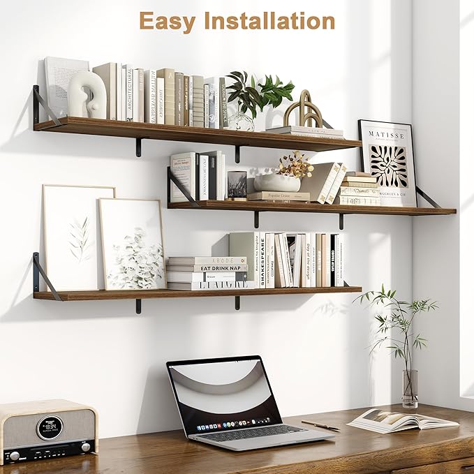 Fun Memories Extra Long Floating Wall Shelves, 48 x 8 Inches, Set of 3 Large Wood Floating Bookshelves with Metal Brackets for Storage & Display (Walnut)