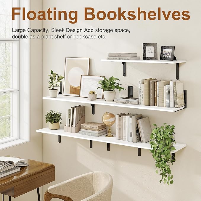30" W x 12" D White Floating Shelves for Wall, Deep Wall Shelves with Visible Bracket for Books, Plant, Large Deep Bathroom Shelf for Storage & Display, Set of 2