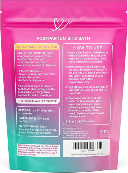 Pink Stork Postpartum Sitz Bath Soak: Dead Sea Salt for Perineal Care & Cleansing, Postpartum Recovery, Labor and Delivery Essentials, Women-Owned, Unscented, 16 oz