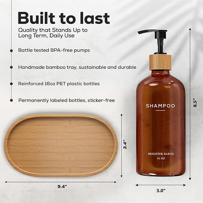Amber Shampoo and Conditioner Dispenser Set by Brighter Barns - Refillable Plastic Shower Dispenser for Bathroom - Body Wash and Shampoo Bottles with Tray - Boho Decor for Airbnb, Hotel, Gift (Amber)