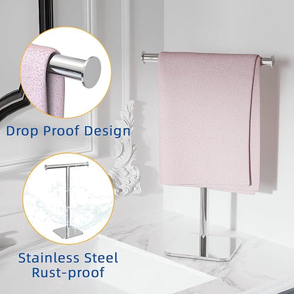 RUACQ Hand Towel Stand, 16" T-Shape Hand Towel Holder Stand for Bathroom, Kitchen and Countertop Towel Holder 304 Stainless Steel Hand Towel Rack with Weighted Base (Chrome)