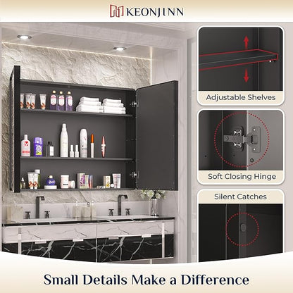 Keonjinn 48 x 32 Inch Large Black Medicine Cabinets, Recessed Bathroom Medicine Cabinet, Black Stainless Steel Framed, Sturdy & Heavy, Adjustable Shelves, Oversized Bathroom Mirror with Storage