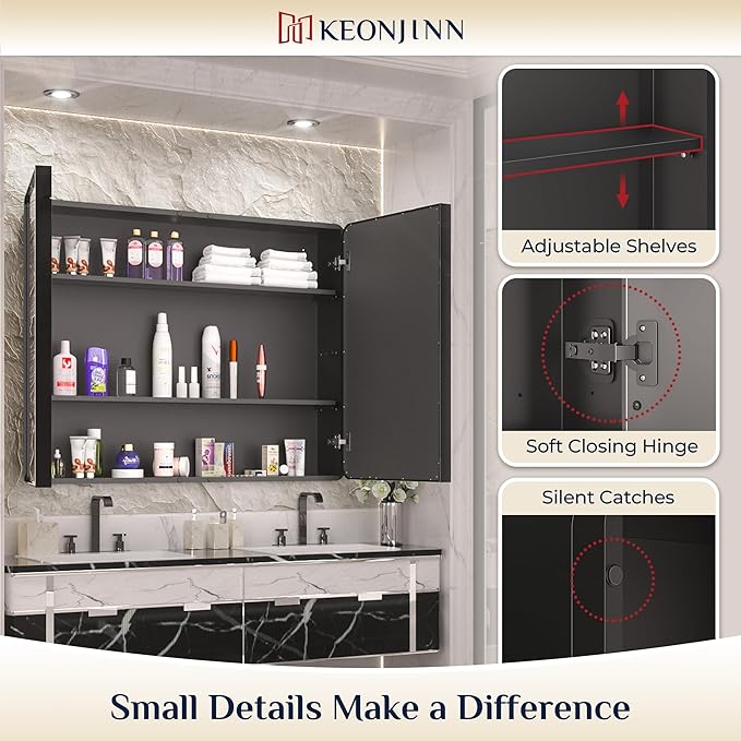 Keonjinn 40 x 32 Inch Large Black Medicine Cabinets, Recessed Bathroom Medicine Cabinet, Gloss Black Stainless Steel Framed, Sturdy & Heavy, Adjustable Shelves, Oversized Bathroom Mirror with Storage