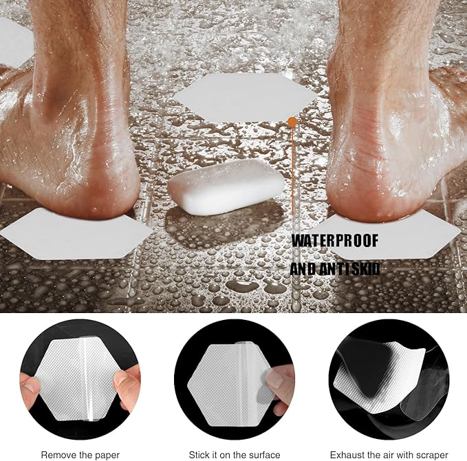 Bathtub Stickers Non-Slip, 24 PCS Hexagon White Safety Shower Treads Adhesive Appliques with Premium Scraper