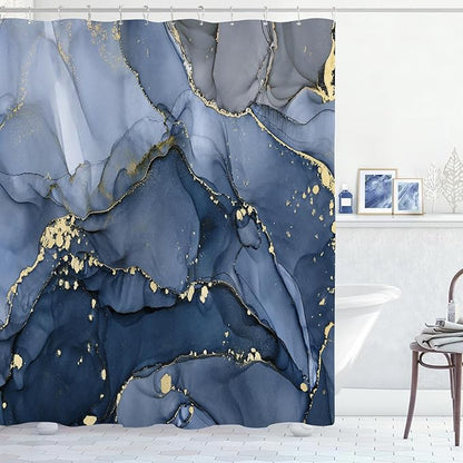 Navy Blue Marble Shower Curtain 60x72, Dark Blue Modern Abstract Fabric Shower Curtains for Bathroom, Luxury Art Ink Texture Watercolor Cloth Shower Curtain Set with Hooks