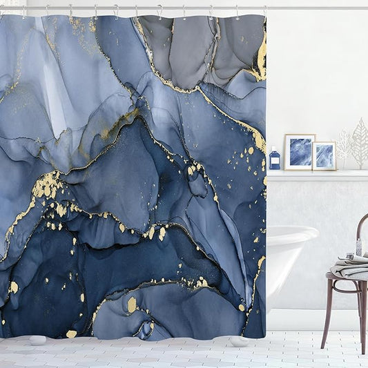 Navy Blue Marble Shower Curtain 60x72, Dark Blue Modern Abstract Fabric Shower Curtains for Bathroom, Luxury Art Ink Texture Watercolor Cloth Shower Curtain Set with Hooks