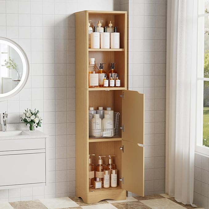 67" Tall Bathroom Organizer and Storage, Narrow Storage Cabinet with 2 Doors and 4 Shelves, Freestanding Floor Storage Unit,15.7" W x 11.8" D x 66.9" H, Nature