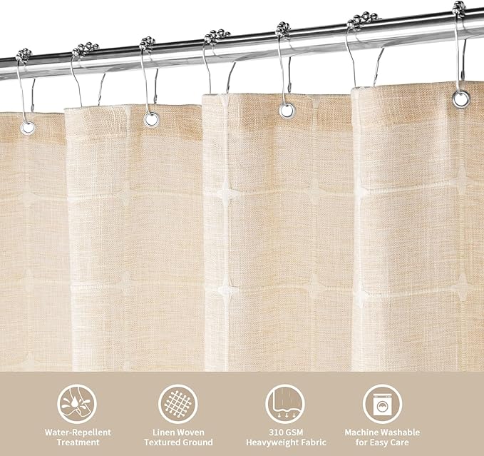MitoVilla Beige Boho Shower Curtains for Modern Farmhouse Bathroom Decor, Cream Vintage Country Thick Polyester Linen Fabric Shower Curtain, Rustic Tassel Cloth Shower Curtain, 72 x 72