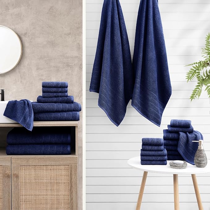 Casa Platino 100% Mercerized Cotton Towels for Bathroom - 24 Pc - Ringspun, Soft & Absorbent - 2 Bath Sheets, 2 Gym, 2 Bath, 4 Fingertip, 6 Hand Towels, 8 Washcloth - Sustainably Produced - Navy Blue