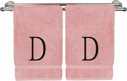 Monogrammed Hand Towel, Personalized Initial Gift, Extra Absorbent 100% Turkish Cotton - Soft Terry Finish - Set of 2 - Black Block Initial D - Embroidered on Pink Towels