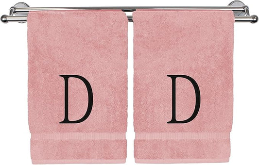 Monogrammed Hand Towel, Personalized Initial Gift, Extra Absorbent 100% Turkish Cotton - Soft Terry Finish - Set of 2 - Black Block Initial D - Embroidered on Pink Towels