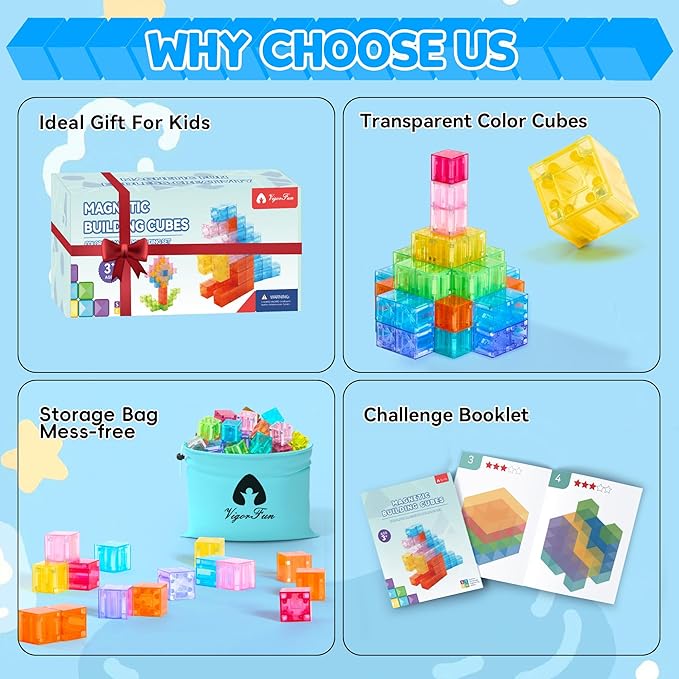 VigorFun Magnetic Blocks Set, Magnet Building Blocks with Toy Figurine and Storage Bag for Kids Gifts, STEM Educational Preschool Sensory Toys for Toddlers Boys Girls Ages 3-12(Transparent)