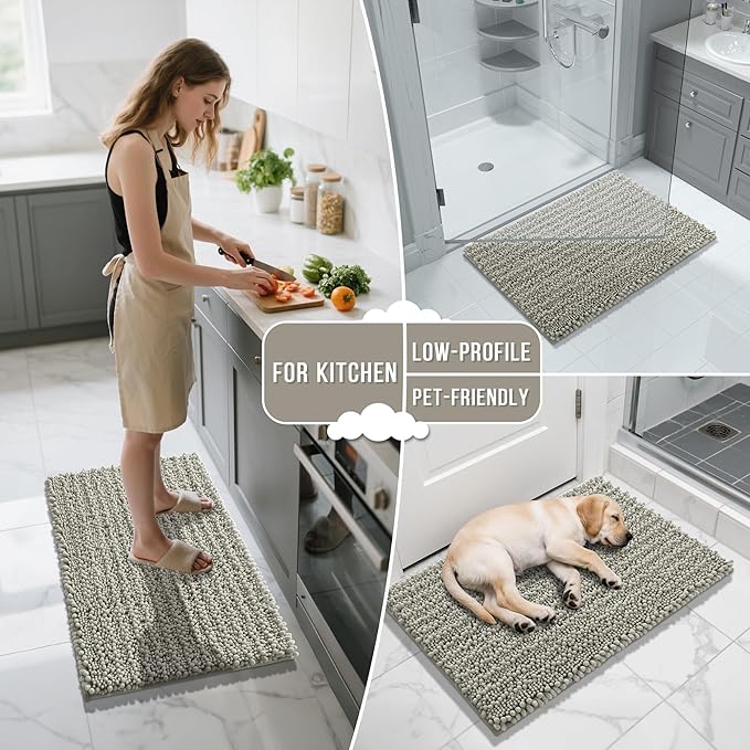 Yimobra Bathroom Rugs Non Slip Washable - Ultra Soft Absorbent Chenille Bath Mat, Quick Dry Shaggy Floor Carpet for Tub Shower, Sand Home Decor Accessories, 24x17 Inch