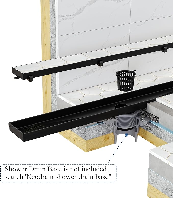 Neodrain 48-Inch Linear Shower Drain with Tile Insert Grate, Matte Black 304 Stainless Steel Rectangle Shower Floor Drain, Linear Drain with Leveling Feet, Hair Strainer