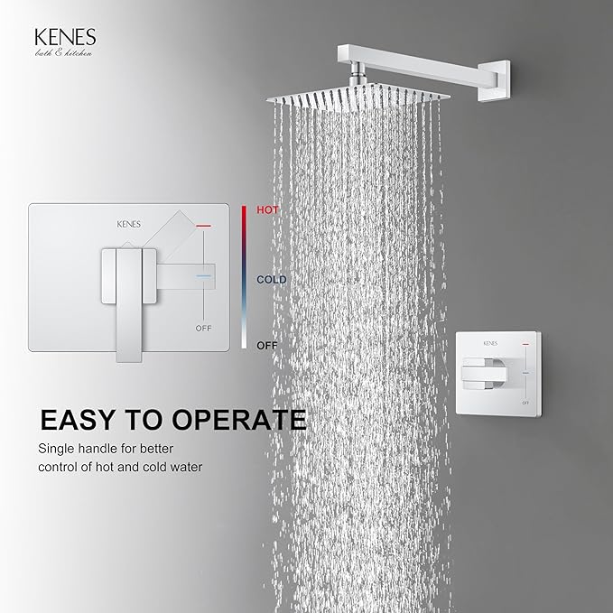 KENES Modern Polished Chrome 10-Inch Shower Head and Handle Set, Square Shower Faucet Set Bathroom Rainfall Shower System, KE-6024B-5 (Shower Valve Included)