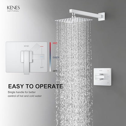 KENES Modern Polished Chrome 10-Inch Shower Head and Handle Set, Square Shower Faucet Set Bathroom Rainfall Shower System, KE-6024B-5 (Shower Valve Included)